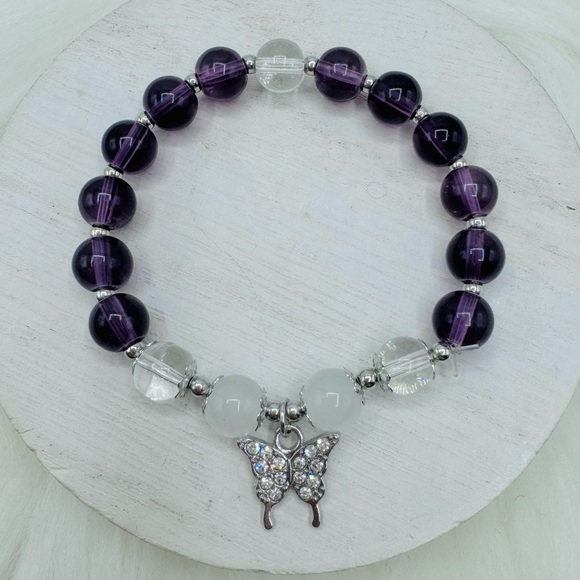 Violet Beaded w/ Sparkly Butterfly Charm Bracelet - Small wrists - Picture 1 of 6